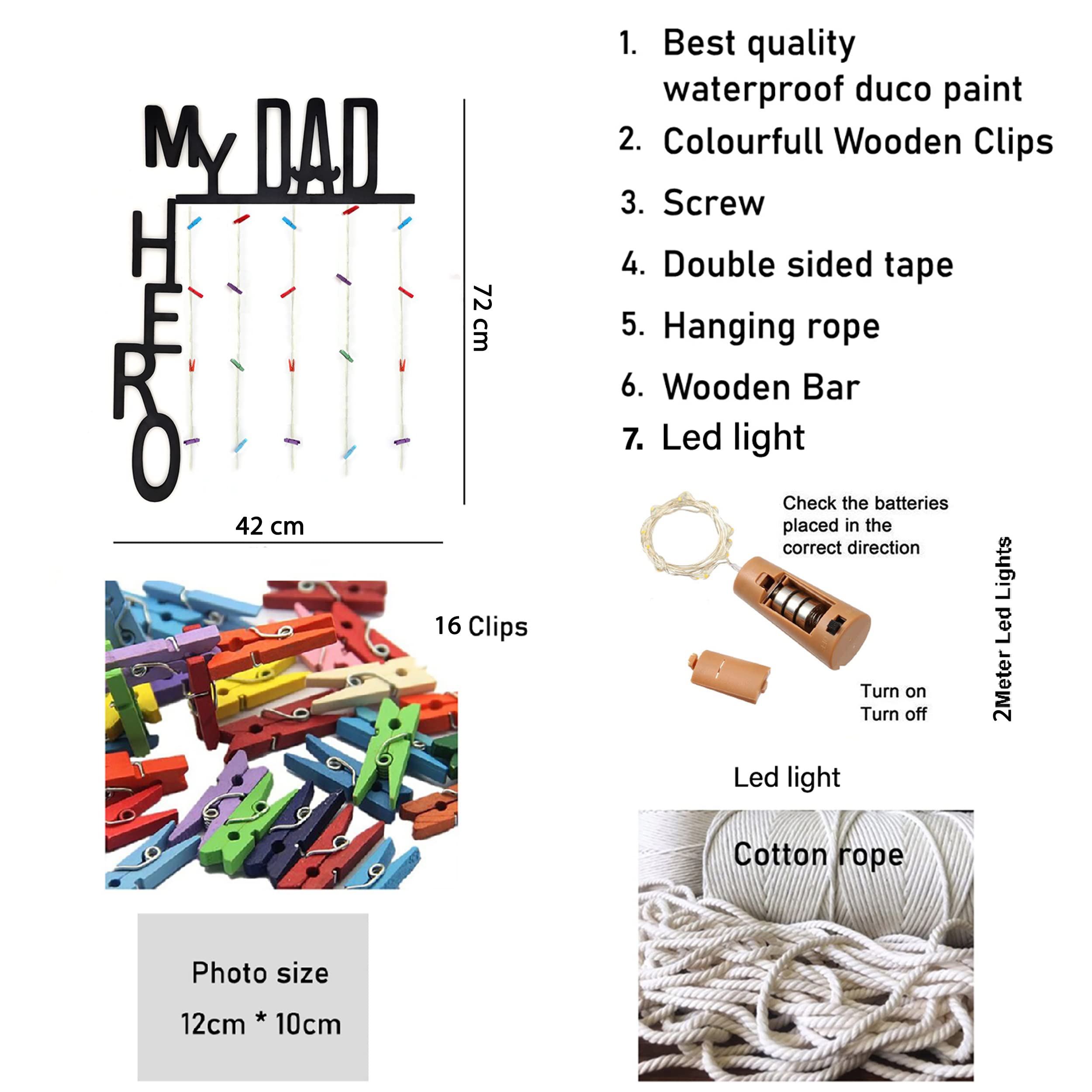 Vah Wooden Photo Frame With Led Light - Display Picture Collage Organizer With Clips (My Dad My Hero With Light)
